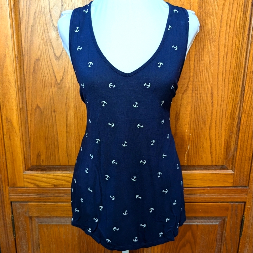Maurices L cotton blend navy/white anchor motif woven‎ racerback tunic tank